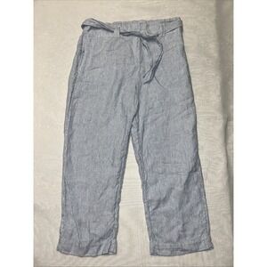 Chicos Linen Crop Belted Pants Size 1.5 US 10 Blue White Stripe Straight Leg
